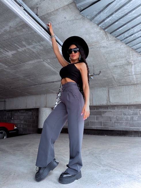 TRENDY, classic pants with buttons - DARK GRAY